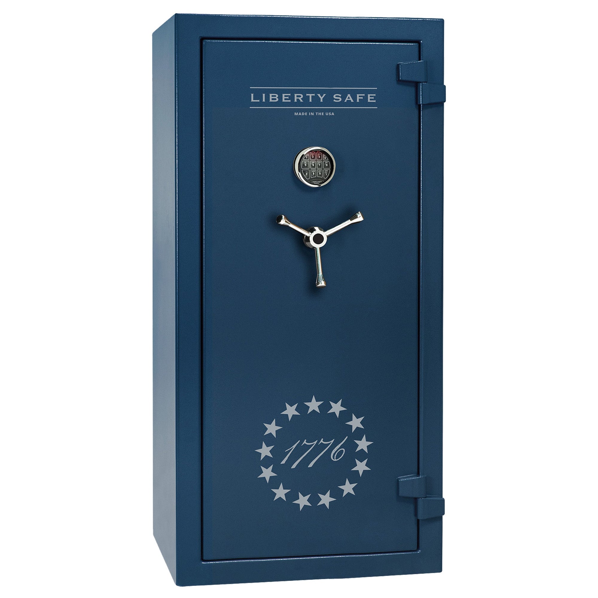 Centurion 24 DLX | 1776 Logo | Level 1 Security | 40 Minute Fire Protection | Dimensions: 59.5"(H) x 28.25"(W) x 20"(D) | Up to 24 Long Guns | Textured Blue | Chrome Electronic Lock - Closed