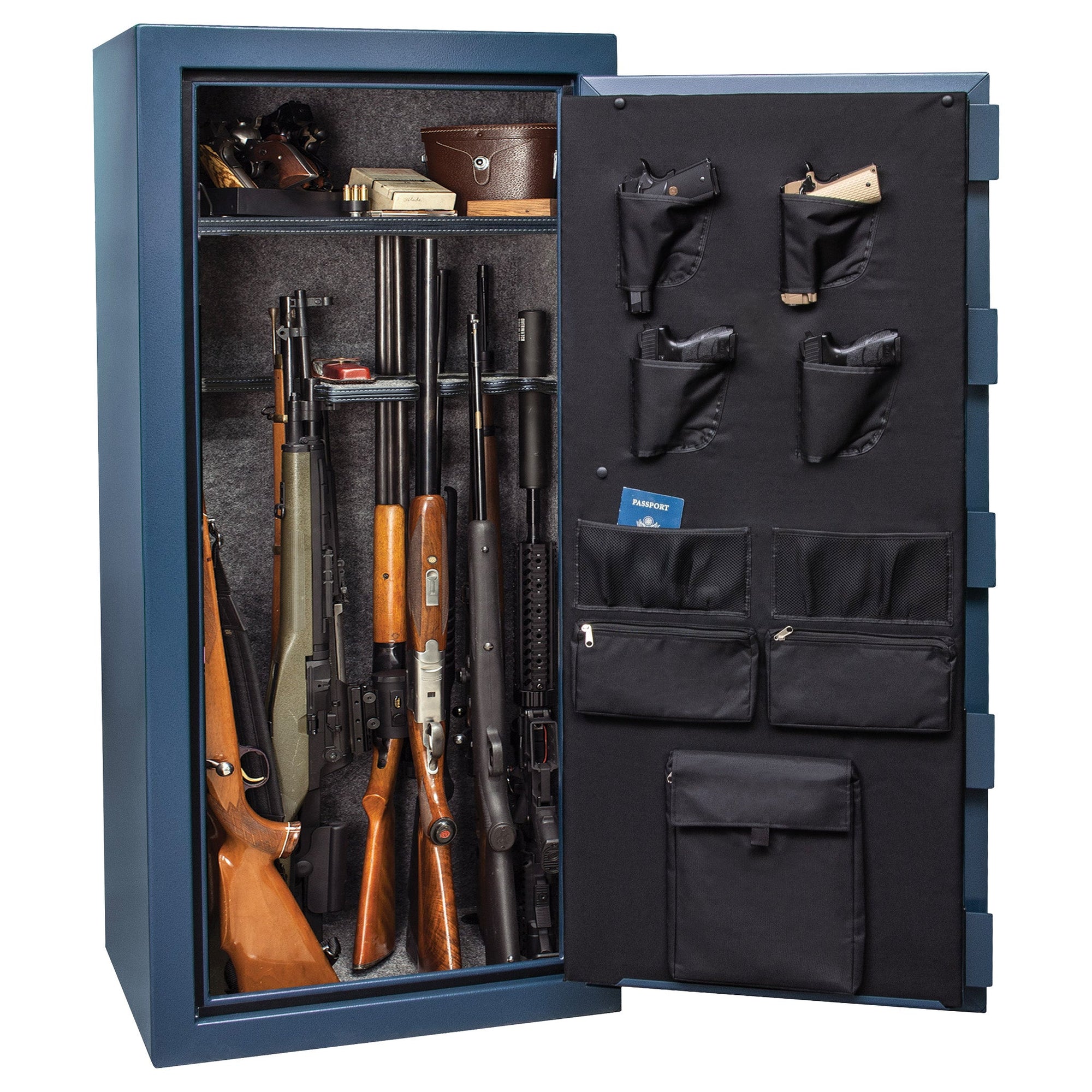 Centurion 24 DLX | 1776 Logo | Level 1 Security | 40 Minute Fire Protection | Dimensions: 59.5"(H) x 28.25"(W) x 20"(D) | Up to 24 Long Guns | Textured Blue | Chrome Electronic Lock - Closed