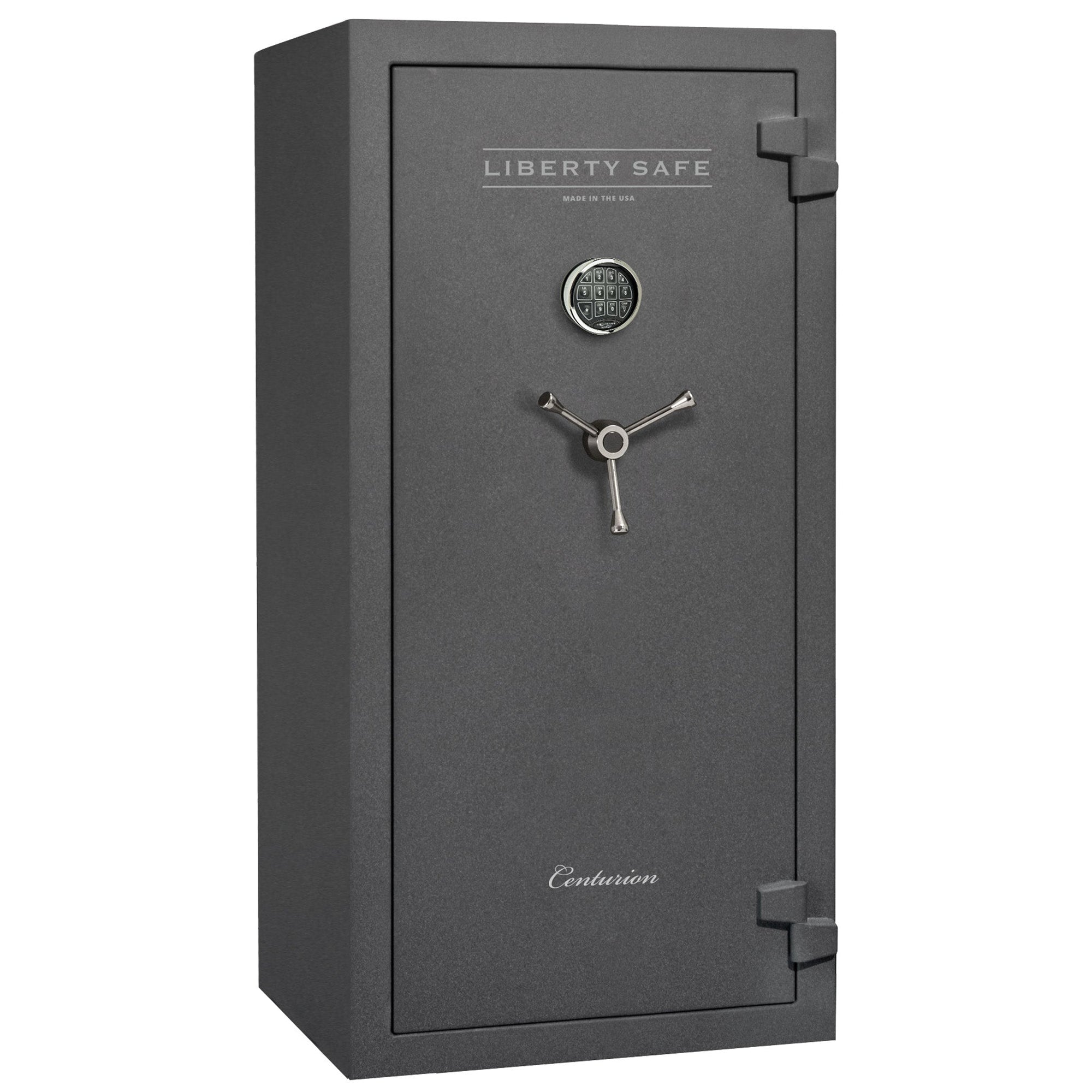 Centurion 32 DLX | Level 1 Security | 40 Minute Fire Protection | Dimensions: 59.5"(H) x 28.25"(W) x 24.5"(D) | Up to 32 Long Guns | Textured Granite | Chrome Electronic Lock – Closed