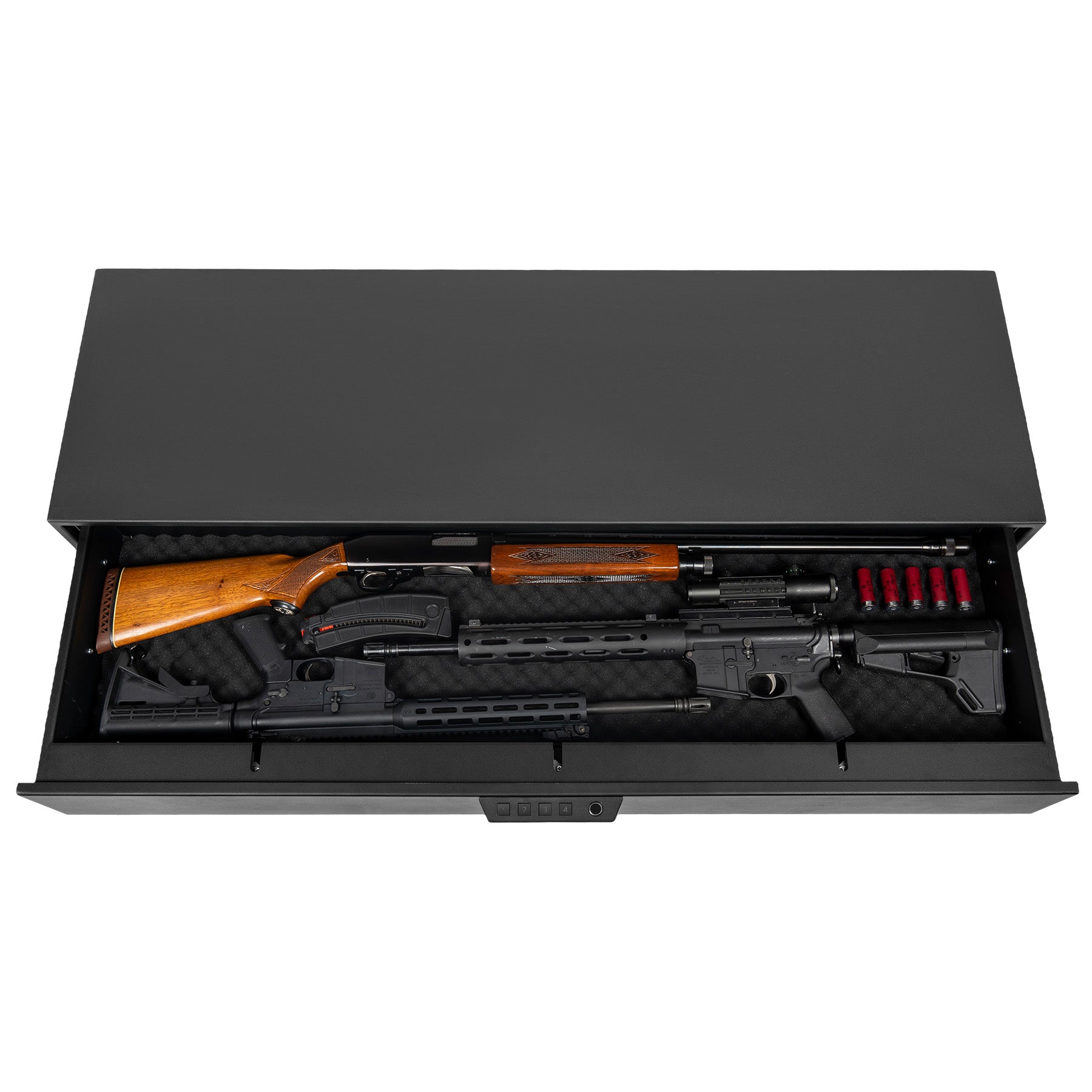 HDV-700X | Home Defense Biometric Compact Vault | 16"(D) X 52”(W) X 7”(H) - Closed