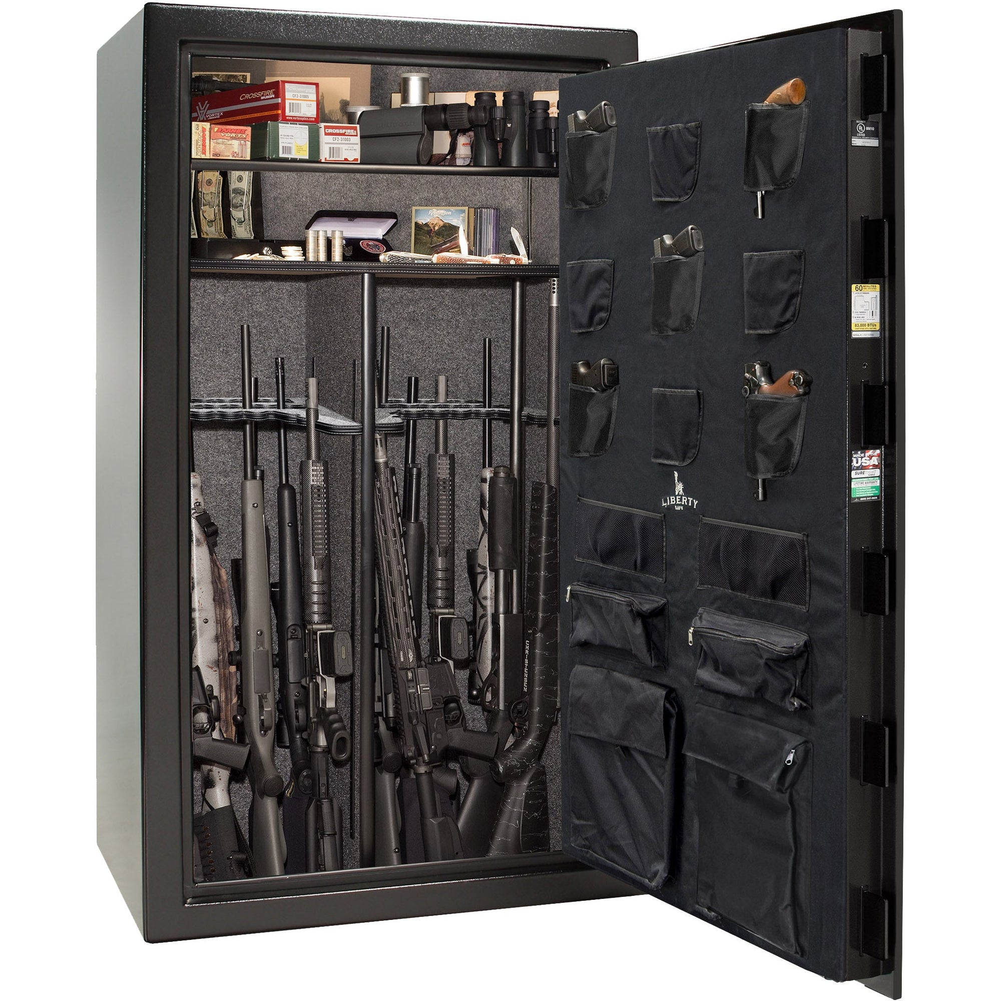 USA 50 | Level 3 Security | 60 Minute Fire Protection | Dimensions: 72.5"(H) x 42"(W) x 27.5"(D) | Up to 50 Long Guns | Textured Black | Chrome Electronic Lock – Closed